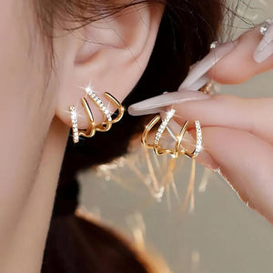 W Shape Zircon Korean Earring Cuff Earrings that Look Like Multiple Piercings for Women - Golden