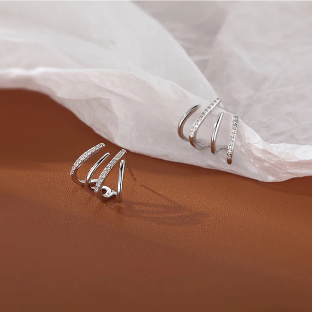 W Shape Zircon Korean Earring Cuff Earrings that Look Like Multiple Piercings for Women - Golden