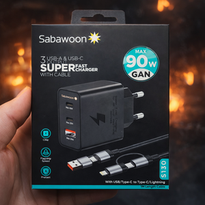 Sabawoon S130 90W GaN Super Fast Charger – 3 Port USB & Type-C Fast Charging Adapter with Cable