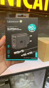 Sabawoon S130 90W GaN Super Fast Charger – 3 Port USB & Type-C Fast Charging Adapter with Cable
