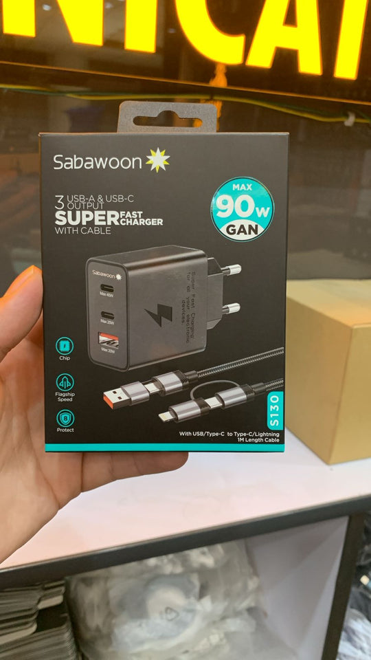 Sabawoon S130 90W GaN Super Fast Charger – 3 Port USB & Type-C Fast Charging Adapter with Cable
