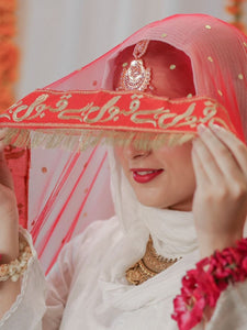 Nikkah Bridal Red Dupatta with Qabool Hai Embroidery & 4-Side Kiran Lace – Premium Wedding Veil for Bride