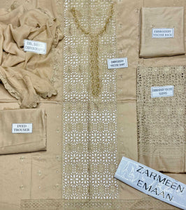 Zarmeen Emaan Article 934 Luxury Embroidered Shirt Front Back Sleeves Neckline Daman Patch Premium Viscose Trouser Pure Bamber Chiffon Dupatta