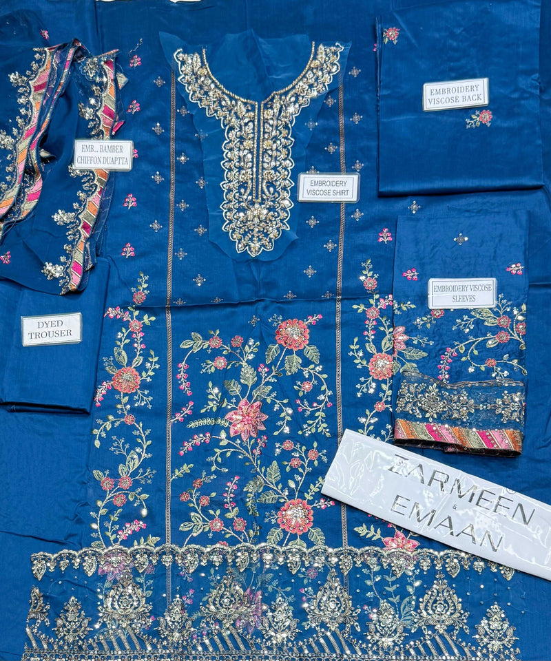 Zarmeen Emaan Fancy Embroidered Shirt Front Back Sleeves Laces Daman Patch Handmade Neckline With Lawn Trouser And Pure Bamber Chiffon Dupatta