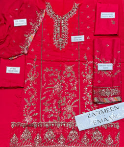 Zarmeen Emaan Luxury Embroidered Collection Shirt Front Back Sleeves Neckline Daman Patch Premium Viscose Trouser Pure Bamber Dupatta
