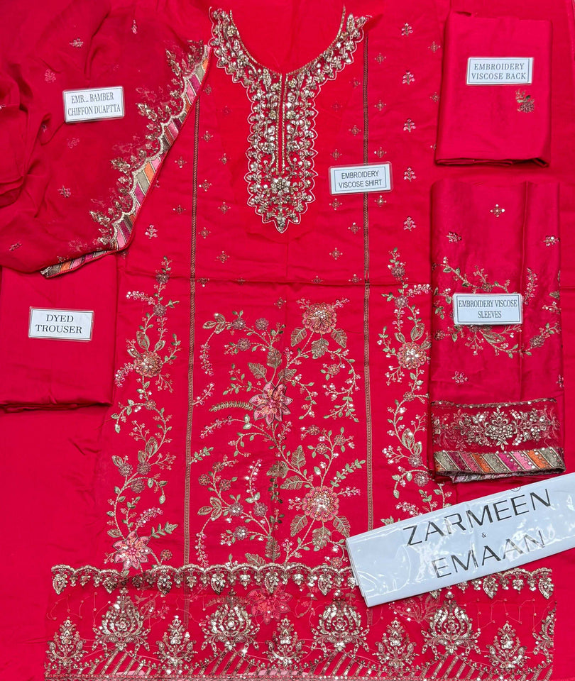 Zarmeen Emaan Luxury Embroidered Collection Shirt Front Back Sleeves Neckline Daman Patch Premium Viscose Trouser Pure Bamber Dupatta