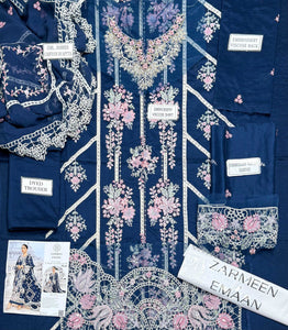 Zarmeen Emaan Luxury Embroidered Shirt Front Back Sleeves Laces Neckline Daman Patch Premium Viscose Trouser Pure Bamber Dupatta